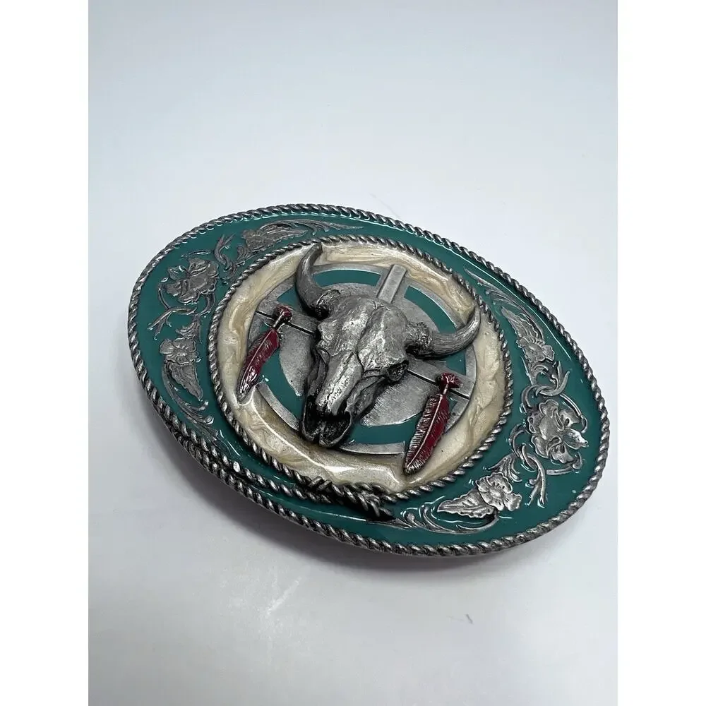 Siskiyou Vintage 1991 Pewter & Enamel Buffalo Skull Feathers Floral Belt Buckle